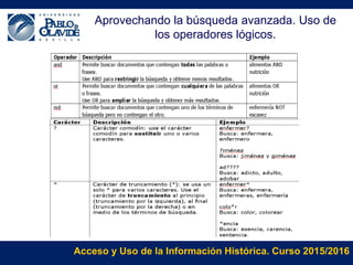 Acceso y Uso de la Información Histórica. Curso 2015/2016
Aprovechando la búsqueda avanzada. Uso de
los operadores lógicos.
 