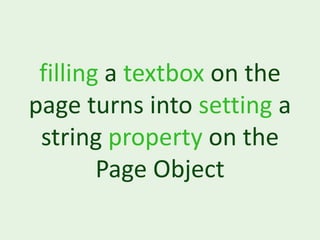 filling a textbox on the
page turns into setting a
 string property on the
        Page Object
 