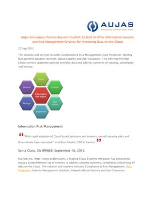 Aujas Announces Partnership with Exafort; Exafort to Offer Information Security
           and Risk Management Services for Protecting Data on the Cloud

20 Sep 2012

The solution and services includes Compliance & Risk Management, Data Protection, Identity
Management Solution, Network-Based Security and User Education. This offering will help
Cloud services customers protect sensitive data and address concerns of security, compliance
and privacy.




Information Risk Management


     "With rapid adoption of Cloud based solutions and services, overall security risks and

threat levels have increased.” said Arun Kanchi, CEO at Exafort.


Santa Clara, CA (PRWEB) September 18, 2012

Exafort, Inc. (http://www.exafort.com), a leading Cloud Systems Integrator has announced
today a comprehensive set of services to address security concerns, compliance and privacy of
data on the Cloud. The solution and services includes Compliance & Risk Management, Data
Protection, Identity Management Solution, Network-Based Security and User Education.
 