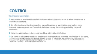 CONTROL
Vaccines and Vaccination
 Vaccination is used to reduce clinical disease when outbreaks occur or when the disease is
endemic in the herd.
 An effective immunity develops after natural infection or vaccination, and piglets from
immune sows are protected from clinical disease during the nursing period by colostral
immunity.
 However, vaccination reduces viral shedding after natural infection.
 On farms in which the disease is endemic or outbreaks have occurred, vaccination of the sows,
and management procedures to reduce the spread of infection, have markedly reduced pre-
weaning mortality and reproductive failures.
 