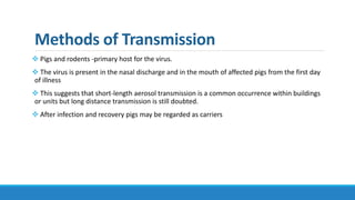 Methods of Transmission
 Pigs and rodents -primary host for the virus.
 The virus is present in the nasal discharge and in the mouth of affected pigs from the first day
of illness
 This suggests that short-length aerosol transmission is a common occurrence within buildings
or units but long distance transmission is still doubted.
 After infection and recovery pigs may be regarded as carriers
 