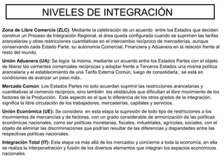 NIVELES DE INTEGRACIÓN
Zona de Libre Comercio (ZLC): Mediante la celebración de un acuerdo entre los Estados que deciden
construir un Proceso de Integración Regional, el área queda configurada cuando se suprimen las tarifas
arancelarias y otras restricciones cuantitativas en el intercambio recíproco de mercaderías, aunque
conservando cada Estado Parte, su autonomía Comercial, Financiera y Aduanera en la relación frente al
resto del mundo.
Unión Aduanera (UA): Se logra la misma, mediante un acuerdo entre los Estados Partes con el objeto
de liberar las corrientes comerciales recíprocas y adoptar frente a Terceros Estados una misma política
arancelaria y el establecimiento de una Tarifa Externa Común, luego de consolidarla, se está en
condiciones de avanzar un paso más..
Mercado Común: Los Estados Partes no solo acuerdan suprimir las restricciones arancelarias y
cuantitativas al comercio recíproco, sino también los obstáculos que dificultan el libre movimiento de los
factores de la Producción. Este aspecto es el que lo diferencia de los otros grados de la integración,
significa la libre circulación de los trabajadores, mercaderías, capitales y servicios.
Unión Económica (UE): Se considera en esta etapa la supresión de todo tipo de restricciones a los
movimientos de mercancías y de factores, con un grado considerable de armonización de las políticas
económicas nacionales, como ser políticas monetarias, fiscales, industriales, agrícolas, sociales, con el
objeto de eliminar las discriminaciones que podrían resultar de las diferencias y disparidades entre las
respectivas políticas nacionales.
Integración Total (IT): Esta etapa va más allá de los mercados y concierne a toda la economía, en ella
se realiza la interpenetración y fusión de los diversos elementos que integran los espacios económicos
nacionales.
 