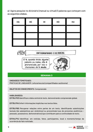 HABILIDADE(S):
(EF35LP03) Identificar a ideia central do texto, demonstrando compreensão global.
(EF35LP04) Inferir informações implícitas nos textos lidos. 
(EF35LP06) Recuperar relações entre partes de um texto, identificando substituições
lexicais (de substantivos por sinônimos) ou pronominais (uso de pronomes anafóricos –
pessoais, possessivos, demonstrativos) que contribuem para a continuidade do texto.
(EF04LP14) Identificar, em notícias, fatos, participantes, local e momento/tempo da
ocorrência do fato noticiado.
9
OBJETOS DO CONHECIMENTO: Compreensão
SEMANA 3
UNIDADE(S) TEMÁTICA(S):
PRÁTICAS DE LINGUAGEM: Leitura/escuta (compartilhada e autônoma)
a)  Agora pesquise no dicionário (manual ou virtual) 3 palavras que começam com
as seguintes sílabas.
HA HE HI HO HU
 
