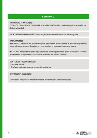 5
ATIVIDADES
HABILIDADE(S):
(EF35LP12) Recorrer ao dicionário para esclarecer dúvida sobre a escrita de palavras,
especialmente no caso de palavras com relações irregulares fonema-grafema.
(EF35LP13) Memorizar a grafia de palavras de uso frequente nas quais as relações fonema-
grafema são irregulares e com h inicial que não representa fonema.
UNIDADE(S) TEMÁTICA(S):
TODOS OS CAMPOS DE ATUAÇÃO PRÁTICAS DE LINGUAGEM: Análise linguística/semiótica
(Ortografização)
OBJETOS DO CONHECIMENTO: Construção do sistema alfabético e da ortografia
SEMANA 2
INTERDISCIPLINARIDADE:
Ciências da Natureza, Ciências Humanas, Matemática e Ensino Religioso
CONTEÚDOS RELACIONADOS:
- Uso do H inicial
- Grafia de palavras fonema-grafema irregulares
 
