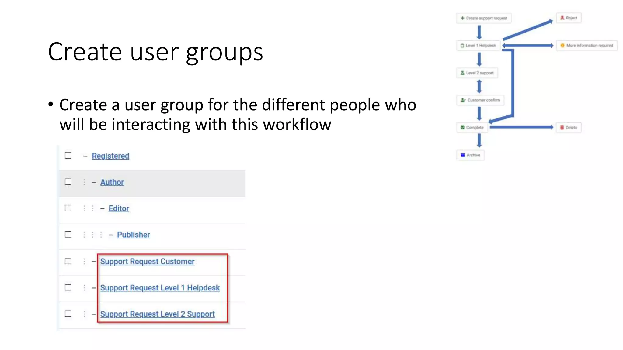 Create user groups
• Create a user group for the different people who
will be interacting with this workflow
 