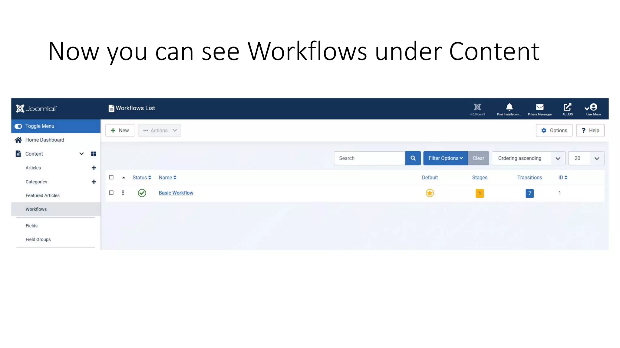 Now you can see Workflows under Content
 