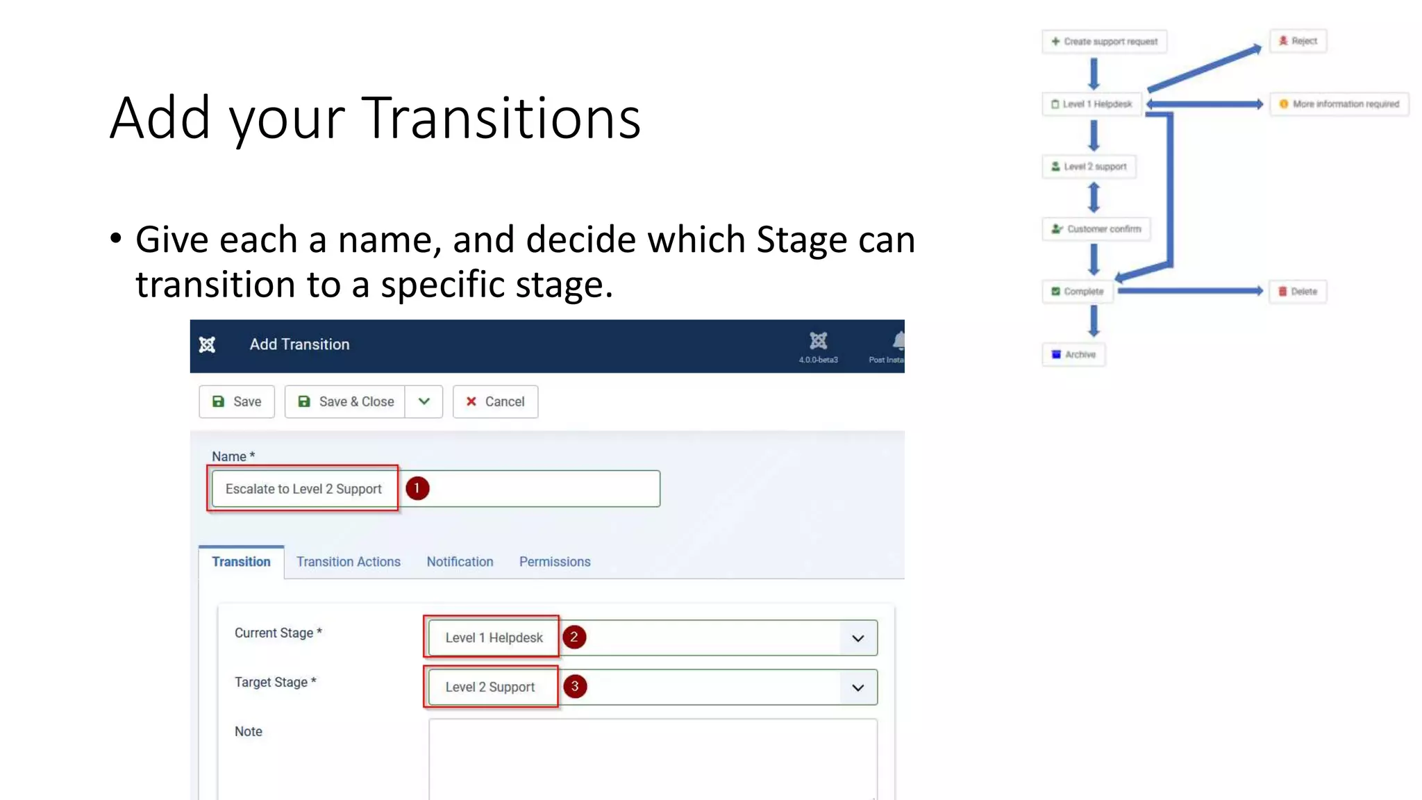 Add your Transitions
• Give each a name, and decide which Stage can
transition to a specific stage.
 
