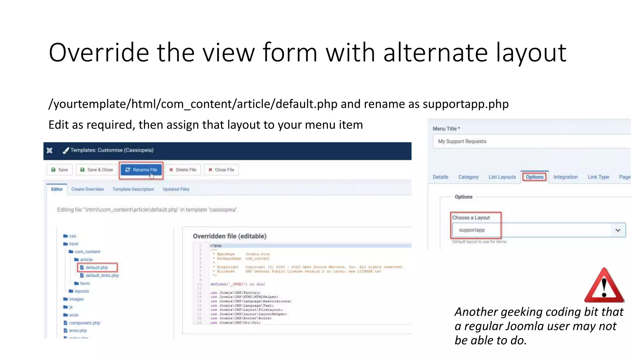 Override the view form with alternate layout
/yourtemplate/html/com_content/article/default.php and rename as supportapp.php
Edit as required, then assign that layout to your menu item
Another geeking coding bit that
a regular Joomla user may not
be able to do.
 