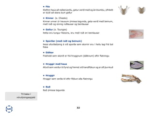 32
•	 Fés
Klofinn haus að neðanverðu, getur verið með og án klumbu, yfirleitt
er búið að skera burt gellur
•	 Kinnar (e. Cheeks)
Kinnar unnar úr hausum ýmissa tegunda, geta verið með beinum,
með roði og einnig roðlausar og beinlausar
•	 Gellur (e. Tounges)
Þetta eru tungur fisksins, eru með roði en beinlausar
•	 Sporðar (með roði og beinum)
Þessi afurðalýsing á við sporða sem skornir eru í heilu lagi frá bol
fiska
•	 Dálkar
Fiskhold sem skorið er frá hryggnum (dálknum) eftir flatningu
•	 Hryggir með haus
Afurð sem verður til fyrst og fremst við handflökun og er oft þurrkuð
•	 Hryggir
Hryggir sem verða til eftir flökun eða flatningu
•	 Roð
Roð ýmissa tegunda
Til baka í
vörulýsingaspjald
 