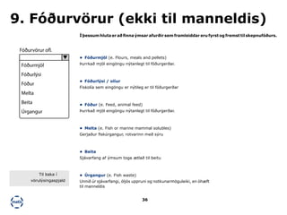 36
Í þessum hluta er að finna ýmsar afurðir sem framleiddar eru fyrst og fremst til skepnufóðurs.
9. Fóðurvörur (ekki til manneldis)
•	 Fóðurmjöl (e. Flours, meals and pellets)
Þurrkað mjöl eingöngu nýtanlegt til fóðurgerðar.
•	 Fóður (e. Feed, animal feed)
Þurrkað mjöl eingöngu nýtanlegt til fóðurgerðar.
•	 Úrgangur (e. Fish waste)
Unnið úr sjávarfangi, óljós uppruni og notkunarmöguleiki, en óhæft
til manneldis
•	 Melta (e. Fish or marine mammal solubles)
Gerjaður fiskúrgangur, rotvarinn með sýru
•	 Beita
Sjávarfang af ýmsum toga ætlað til beitu
•	 Fóðurlýsi / olíur
Fiskolía sem eingöngu er nýtileg er til fóðurgerðar
Fóðurvörur ofl.
Fóðurmjöl
Fóðurlýsi
Fóður
Melta
Beita
Úrgangur
Til baka í
vörulýsingaspjald
 