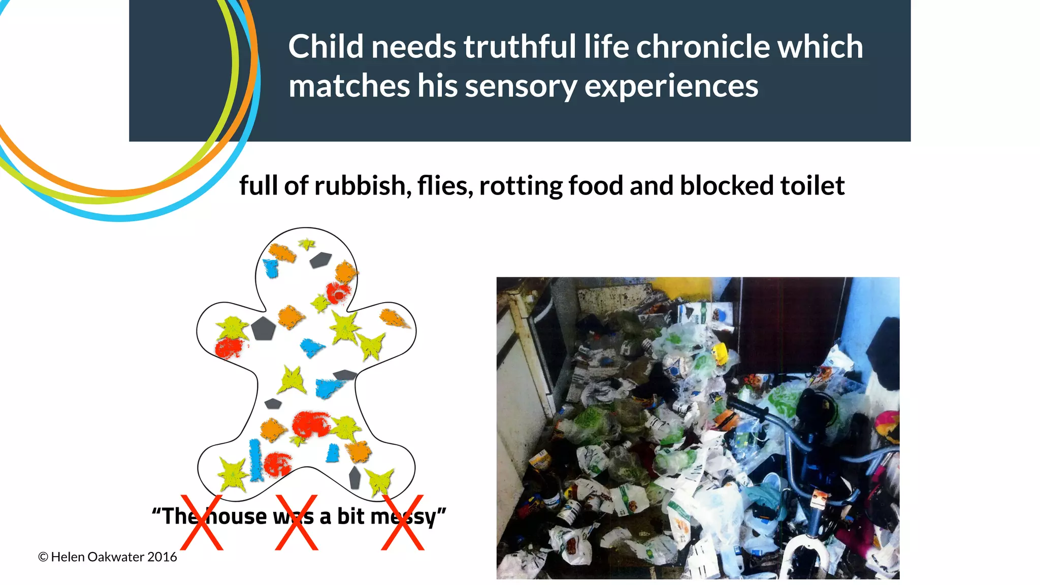 “The house was a bit messy”
Child needs truthful life chronicle which
matches his sensory experiences
full of rubbish, ﬂies, rotting food and blocked toilet
X XX© Helen Oakwater 2016
 