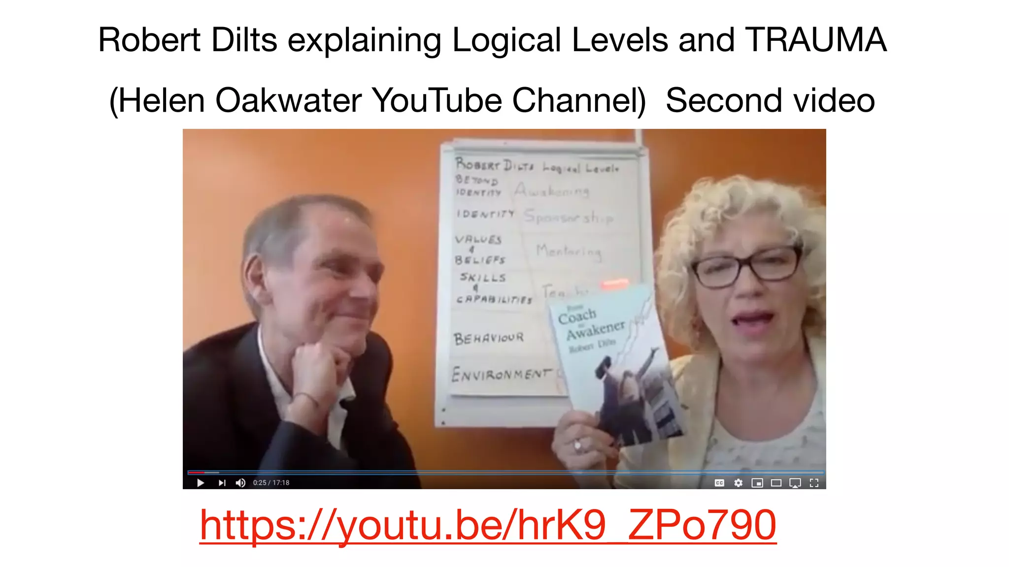 https://youtu.be/hrK9_ZPo790
Robert Dilts explaining Logical Levels and TRAUMA 

(Helen Oakwater YouTube Channel) Second video
 