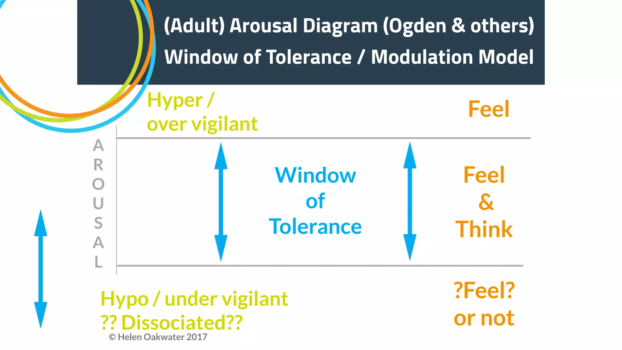(Adult) Arousal Diagram (Ogden & others)
Window of Tolerance / Modulation Model
Window
of
Tolerance
Hyper /
over vigilant
Hypo / under vigilant
?? Dissociated??
Feel
&
Think
Feel
?Feel?
or not
A
R
O
U
S
A
L
© Helen Oakwater 2017
 
