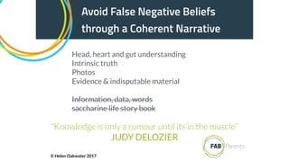 Avoid False Negative Beliefs
through a Coherent Narrative
“Knowledge is only a rumour until its in the muscle”
JUDY DELOZIER
Head, heart and gut understanding
Intrinsic truth
Photos
Evidence & indisputable material
Information, data, words
saccharine life story book
© Helen Oakwater 2017
 