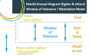 (Adult) Arousal Diagram (Ogden & others)
Window of Tolerance / Modulation Model
Window
of
Tolerance
Hyper /
over vigilant
Hypo / under vigilant
?? Dissociated??
Feel
&
Think
Feel
?Feel?
or not
A
R
O
U
S
A
L
© Helen Oakwater 2017
 