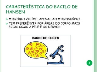 CARACTERÍSTICA DO BACILO DE
HANSEN
 MICRÓBIO VISÍVEL APENAS AO MICROSCÓPIO.
 TEM PREFERÊNCIA POR ÁREAS DO CORPO MAIS
FRIAS COMO A PELE E OS NERVOS.
5
 