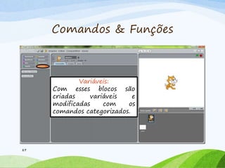Comandos & Funções
17
Variáveis:
Com esses blocos são
criadas variáveis e
modificadas com os
comandos categorizados.
 