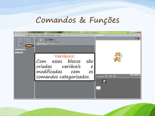 Comandos & Funções
Variáveis:
Com esses blocos são
criadas variáveis e
modificadas com os
comandos categorizados.
 