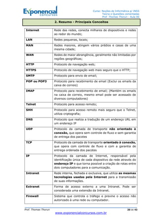 Curso: Noções de Informática p/ INSS
Teoria e Questões comentadas
Prof. Thomas Thorun - Aula 00
Prof. Thomas Thorun 20 de 43
www.exponencialconcursos.com.br
Internet Rede das redes, conecta milhares de dispositivos e redes
ao redor do mundo;
LAN Redes pequenas, locais;
MAN Redes maiores, atingem vários prédios e casas de uma
mesma cidade;
WAN Redes de maior abrangência, geralmente não limitadas por
regiões geográficas;
HTTP Protocolo de navegação web;
HTTPS Protocolo de navegação web mais seguro que o HTTP;
SMTP Protocolo para envio de email;
POP ou POP3 Protocolo para recebimento de email (Exclui os emails da
caixa de correio)
IMAP Protocolo para recebimento de email; (Mantém os emails
na caixa de correio, mesmo email pode ser acessado de
diversos computadores)
Telnet Protocolo para acesso remoto;
SHH Protocolo para acesso remoto mais seguro que o Telnet,
utiliza criptografia;
DNS Protocolo que realiza a tradução de um endereço URL em
um endereço IP
UDP Protocolo da camada de transporte não orientado à
conexão, que opera sem controle de fluxo e sem garantia
de entrega dos pacotes
TCP Protocolo da camada de transporte orientado à conexão,
que opera com controle de fluxo e com a garantia de
entrega ordenada dos pacotes
IP Protocolo da camada de Internet, responsável pela
identificação única de cada dispositivo da rede através do
endereço IP e que torna possível a criação de rotas entre
dois computadores para a comunicação.
Intranet Rede interna, fechada e exclusiva, que utiliza as mesmas
tecnologias usadas pela Internet para a transmissão
de suas informações.
Extranet Forma de acesso externo a uma Intranet. Pode ser
considerada uma extensão da Intranet.
Firewall Sistema que controla o tráfego e previne o acesso não
autorizado à uma rede ou computador.
2. Resumo - Principais Conceitos
 