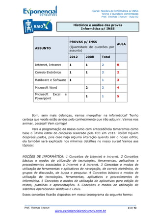 Curso: Noções de Informática p/ INSS
Teoria e Questões comentadas
Prof. Thomas Thorun - Aula 00
Prof. Thomas Thorun 3 de 43
www.exponencialconcursos.com.br
ASSUNTO
PROVAS p/ INSS
(Quantidade de questões por
assunto)
AULA
2012 2008 Total
Internet, Intranet 1 1 2 0
Correio Eletrônico 1 1 2 2
Hardware e Software 1 1 3
Microsoft Word 2 2 4
Microsoft Excel e
Powerpoint
1 1 5
Bom, sem mais delongas, vamos mergulhar na informática? Tenho
certeza que vocês estão ávidos pelo conhecimento que irão adquirir. Vamos nos
animar, pessoal! Vem comigo!
Para a programação do nosso curso com antecedência tomaremos como
base o último edital do concurso realizado pela FCC em 2012. Porém fiquem
despreocupados, pois caso haja alguma alteração quando sair o nosso edital,
ela também será explicada nos mínimos detalhes no nosso curso! Vamos aos
tópicos:
NOÇÕES DE INFORMÁTICA: 1 Conceitos de Internet e intranet. 2 Conceitos
básicos e modos de utilização de tecnologias, ferramentas, aplicativos e
procedimentos associados à Internet e à intranet. 3 Conceitos e modos de
utilização de ferramentas e aplicativos de navegação, de correio eletrônico, de
grupos de discussão, de busca e pesquisa. 4 Conceitos básicos e modos de
utilização de tecnologias, ferramentas, aplicativos e procedimentos de
informática. 5 Conceitos e modos de utilização de aplicativos para edição de
textos, planilhas e apresentações. 6 Conceitos e modos de utilização de
sistemas operacionais Windows e Linux.
Esses conceitos ficarão dispostos em nosso cronograma da seguinte forma:
Histórico e análise das provas
Informática p/ INSS
 