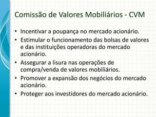 Comissão de Valores Mobiliários - CVM
• Incentivar a poupança no mercado acionário.
• Estimular o funcionamento das bolsas de valores
e das instituições operadoras do mercado
acionário.
• Assegurar a lisura nas operações de
compra/venda de valores mobiliários.
• Promover a expansão dos negócios do mercado
acionário.
• Proteger aos investidores do mercado acionário.
 
