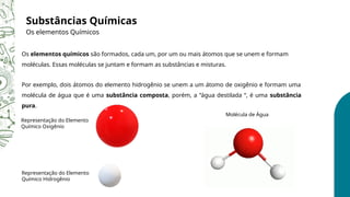 Substâncias Químicas
Os elementos Químicos
Os elementos químicos são formados, cada um, por um ou mais átomos que se unem e formam
moléculas. Essas moléculas se juntam e formam as substâncias e misturas.
Por exemplo, dois átomos do elemento hidrogênio se unem a um átomo de oxigênio e formam uma
molécula de água que é uma substância composta, porém, a “água destilada “, é uma substância
pura.
Representação do Elemento
Químico Oxigênio
Representação do Elemento
Químico Hidrogênio
Molécula de Água
 