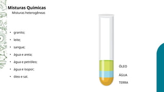 Misturas Químicas
Misturas heterogêneas
• granito;
• leite;
• sangue;
• água e areia;
• água e petróleo;
• água e isopor;
• óleo e sal.
ÓLEO
ÁGUA
TERRA
 