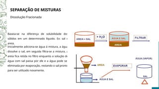SEPARAÇÃO DE MISTURAS
Dissolução Fracionada
Baseia-se na diferença de solubilidade dos
sólidos em um determinado líquido. Ex: sal e
areia.
Inicialmente adiciona-se água à mistura, a água
dissolve o sal, em seguida filtra-se a mistura, a
areia fica retida no filtro enquanto a solução de
água com sal passa por ele e a água pode ser
eliminada por evaporação, restando o sal pronto
para ser utilizado novamente.
 
