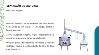SEPARAÇÃO DE MISTURAS
Destilação Simples
Funciona quando, no aquecimento de uma mistura
homogênea de um líquido + um sólido, apenas o
líquido vaporiza.
Assim, os vapores atingem a região fria (condensador),
ocorrendo a passagem para o estado líquido.
O líquido purificado é recolhido recebendo o nome de
destilado e restará o sólido no balão de vidro. Ex: água
e sal de cozinha.
 