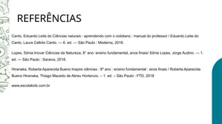 REFERÊNCIAS
Canto, Eduardo Leite do Ciências naturais : aprendendo com o cotidiano : manual do professor / Eduardo Leite do
Canto, Laura Celloto Canto. — 6. ed. — São Paulo : Moderna, 2018.
Lopes, Sônia Inovar Ciências da Natureza, 8° ano: ensino fundamental, anos finais/ Sônia Lopes, Jorge Audino. — 1.
ed. — São Paulo : Saraiva, 2018.
Hiranaka, Roberta Aparecida Bueno Inspire ciências : 8º ano : ensino fundamental : anos finais / Roberta Aparecida
Bueno Hiranaka, Thiago Macedo de Abreu Hortencio. – 1. ed. – São Paulo : FTD, 2018
www.escolakids.com.br
 