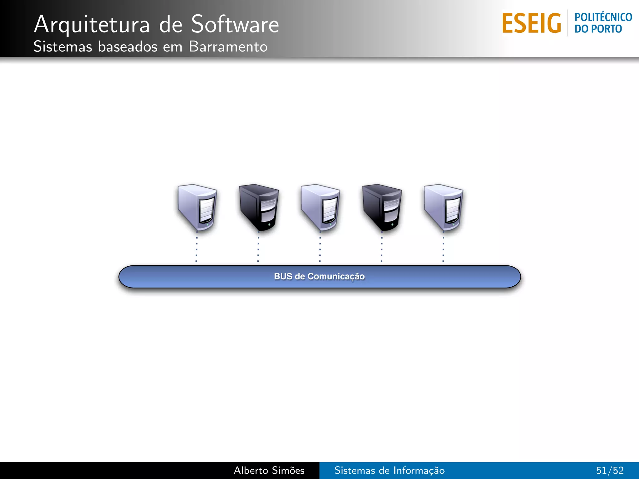 Arquitetura de Software
Sistemas baseados em Barramento




                                  BUS de Comunicação




                          Alberto Sim˜es
                                     o       Sistemas de Informa¸˜o
                                                                ca    51/52
 