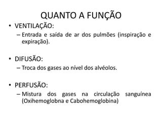 QUANTO A FUNÇÃO
• VENTILAÇÃO:
– Entrada e saída de ar dos pulmões (inspiração e
expiração).
• DIFUSÃO:
– Troca dos gases ao nível dos alvéolos.
• PERFUSÃO:
– Mistura dos gases na circulação sanguínea
(Oxihemoglobna e Cabohemoglobina)
 