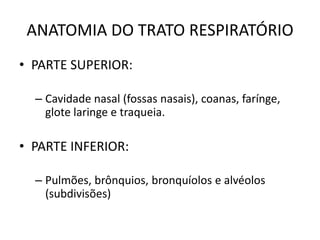 ANATOMIA DO TRATO RESPIRATÓRIO
• PARTE SUPERIOR:
– Cavidade nasal (fossas nasais), coanas, farínge,
glote laringe e traqueia.
• PARTE INFERIOR:
– Pulmões, brônquios, bronquíolos e alvéolos
(subdivisões)
 