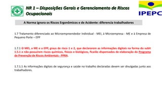 1.7 Tratamento diferenciado ao Microempreendedor Individual - MEI, à Microempresa - ME e à Empresa de
Pequeno Porte – EPP
1.7.1 O MEI, a ME e a EPP, graus de risco 1 e 2, que declararem as informações digitais na forma do subit
1.5.1 e não possuírem riscos químicos, físicos e biológicos, ficarão dispensados de elaboração do Programa
de Prevenção de Riscos Ambientais - PPRA.
1.7.1.1 As informações digitais de segurança e saúde no trabalho declaradas devem ser divulgadas junto aos
trabalhadores.
A Norma ignora os Riscos Ergonômicos e de Acidente: diferencia trabalhadores
NR 1 – Disposições Gerais e Gerenciamento de Riscos
Ocupacionais
 