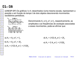 01.08 (UNESP-SP) Os gráficos I e II, desenhados numa mesma escala, representam a posição x em função do tempo t de dois objetos descrevendo movimentos oscilatórios periódicos.   Denominando A 1  e A 2  e f 1  e f 2 , respectivamente, as amplitudes e as freqüências de oscilação associadas a esses movimentos, pode-se afirmar que:   a) A 1  = A 2  e f 1  = f 2 . b) A 1  = A 2  e f 1  = 2f 2 . c) A 1  = (1/2) A 2  e f 1  = (1/2)f 2 . d) A 1  = (1/2) A 2  e f 1  = 2f 2 . e) A 1  = 2 A 2  e f 1  = (1/2)f 2 . Clique para ver resolução Clique para ver gabarito Índice Página inicial 20 19 18 17 16 15 14 13 12 11 10 09 08 07 06 05 04 03 02 01 