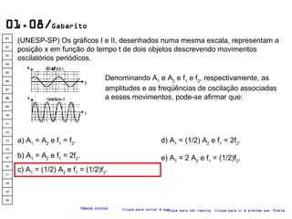 01.08/ Gabarito (UNESP-SP) Os gráficos I e II, desenhados numa mesma escala, representam a posição x em função do tempo t de dois objetos descrevendo movimentos oscilatórios periódicos.   Denominando A 1  e A 2  e f 1  e f 2 , respectivamente, as amplitudes e as freqüências de oscilação associadas a esses movimentos, pode-se afirmar que:   a) A 1  = A 2  e f 1  = f 2 . b) A 1  = A 2  e f 1  = 2f 2 . c) A 1  = (1/2) A 2  e f 1  = (1/2)f 2 . d) A 1  = (1/2) A 2  e f 1  = 2f 2 . e) A 1  = 2 A 2  e f 1  = (1/2)f 2 . Clique para voltar à questão Clique para ir à próxima questão Clique para ver resolução Índice Página inicial 20 19 18 17 16 15 14 13 12 11 10 09 08 07 06 05 04 03 02 01 