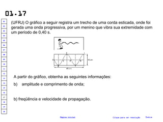 01.17 (UFRJ)  O gráfico a seguir registra um trecho de uma corda esticada, onde foi gerada uma onda progressiva, por um menino que vibra sua extremidade com um período de 0,40 s. A partir do gráfico, obtenha as seguintes informações: amplitude e comprimento de onda; b) freqüência e velocidade de propagação. Clique para ver resolução Índice Página inicial 20 19 18 17 16 15 14 13 12 11 10 09 08 07 06 05 04 03 02 01 