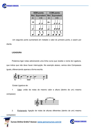 Cursos Online Grátis? Acesse: www.pensarcursos.com.br
Um segundo ponto aumentará em metade o valor do primeiro ponto, e assim por
diante.
LIGADURA
Podemos ligar notas adicionando uma linha curva que recebe o nome de Ligadura,
que indica que não deve haver interrupção. No exemplo abaixo, vemos dois Compassos
iguais, diferenciando apenas a forma escrita.
Existe Ligadura de:
1 Valor: união de notas de mesmo valor e altura (dentro de um) mesmo
compasso)
2 Portamento: ligação de notas de alturas diferentes (dentro de um) mesmo
compasso)
 