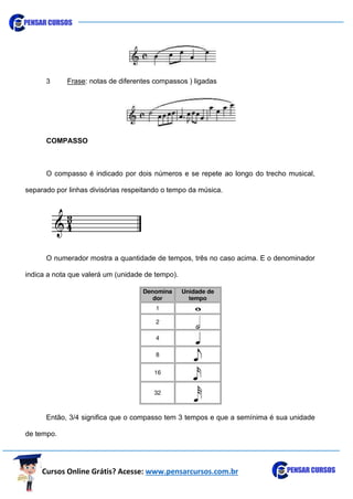 Cursos Online Grátis? Acesse: www.pensarcursos.com.br
3 Frase: notas de diferentes compassos ) ligadas
COMPASSO
O compasso é indicado por dois números e se repete ao longo do trecho musical,
separado por linhas divisórias respeitando o tempo da música.
O numerador mostra a quantidade de tempos, três no caso acima. E o denominador
indica a nota que valerá um (unidade de tempo).
Então, 3/4 significa que o compasso tem 3 tempos e que a semínima é sua unidade
de tempo.
 