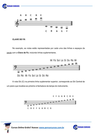 Cursos Online Grátis? Acesse: www.pensarcursos.com.br
CLAVE DE FÁ
No exemplo, as notas estão representadas por cada uma das linhas e espaços da
pauta com a Clave de Fá, incluindo linhas suplementares.
A nota Dó (C) na primeira linha suplementar superior, corresponde ao Dó Central de
um piano que localiza-se próximo à fechadura da tampa do instrumento.
 