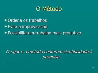 O Método Ordena os trabalhos Evita a improvisação Possibilita um trabalho mais produtivo O rigor e o método conferem cientificidade à pesquisa 