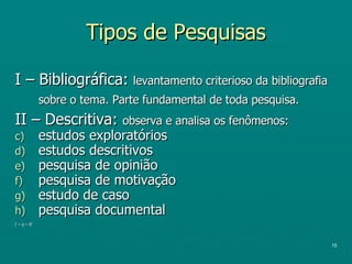 Tipos de Pesquisas I – Bibliográfica:  levantamento criterioso da bibliografia sobre o tema. Parte fundamental de toda pesquisa. II – Descritiva:  observa e analisa os fenômenos: estudos exploratórios estudos descritivos  pesquisa de opinião pesquisa de motivação estudo de caso pesquisa documental I – q – 8’ 