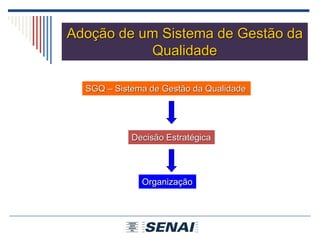 Adoção de um Sistema de Gestão da
Qualidade
SGQ – Sistema de Gestão da Qualidade
Decisão Estratégica
Organização
 