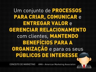 Um conjunto de PROCESSOS
PARA CRIAR, COMUNICAR e
ENTREGAR VALOR e
GERENCIAR RELACIONAMENTO
com clientes, MANTENDO
BENEFÍCIOS PARA A
ORGANIZAÇÃO e para os seus
PÚBLICOS DE INTERESSE.
CONCEITO DE MARKETING AMA – American Marketing Association
 