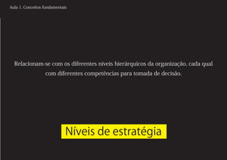 Aula 1. Conceitos fundamentais




  Relacionam-se com os diferentes níveis hierárquicos da organização, cada qual
                  com diferentes competências para tomada de decisão.




                             Níveis de estratégia
 