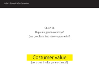 Aula 1. Conceitos fundamentais




                                             CLIENTE
                                    O que eu ganho com isso?
                             Que problema isso resolve para mim?




                                  Costumer value
                                 [ou, o que é valor para o cliente?]
 