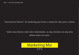 Aula 1. Conceitos fundamentais




‘‘Instrumentos/fatores’’ de marketing que levam a criação de valor para o cliente.




    *todos esses fatores estão inter-relacionados, ou seja, decisões em uma área
                                  afetam ações em outra.




                                 Marketing Mix
                                          [4 P’s]
 