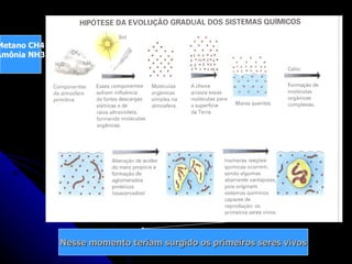 Metano CH4 Amônia NH3 Nesse momento teriam surgido os primeiros seres vivos 