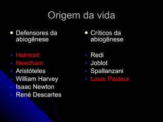 Origem da vida Defensores da abiogênese Helmont Needham Aristóteles  William Harvey Isaac Newton René Descartes Críticos da abiogênese Redi Joblot Spallanzani Louis Pasteur 