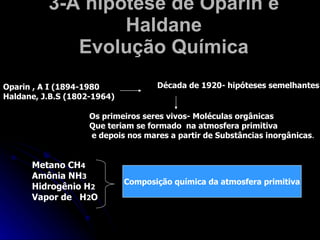 3-A hipótese de Oparin e Haldane Evolução Química Oparin , A I (1894-1980 Haldane, J.B.S (1802-1964) Os primeiros seres vivos- Moléculas orgânicas Que teriam se formado  na atmosfera primitiva e depois nos mares a partir de Substâncias inorgânicas .  Metano CH 4 Amônia NH 3 Hidrogênio H 2 Vapor de  H 2 O Década de 1920- hipóteses semelhantes  Composição química da atmosfera primitiva 